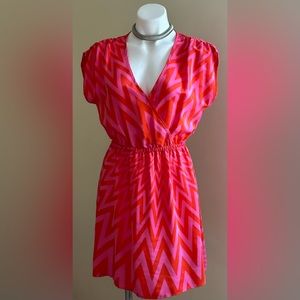 Amanda Uprichard Orange & Red Geometric V Neck Mini Dress 100% Silk Chev…
